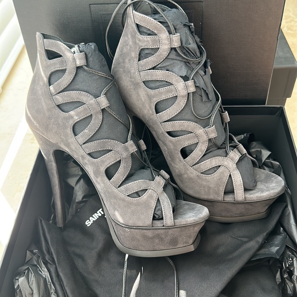 Saint Laurent Tribute Ghillie Suede Lace-Up Heeled Sandals